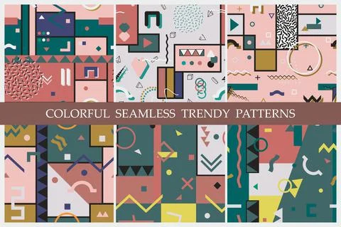 Collection of seamless abstract trendy patterns with geometric shapes. Retro Иллюстрация