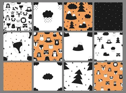 Collection of seamless children patterns. Vector hand-drawn black and white b Stock Illustration