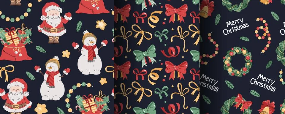 Collection of Seamless Christmas patterns with cute Santa, snowman and gifts  Stock Illustration