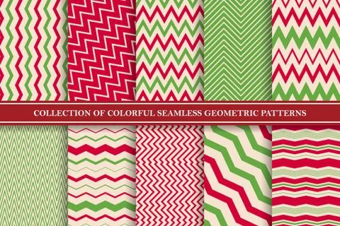 Collection of seamless colorful zigzag patterns. Bright striped retro Illustrazione stock