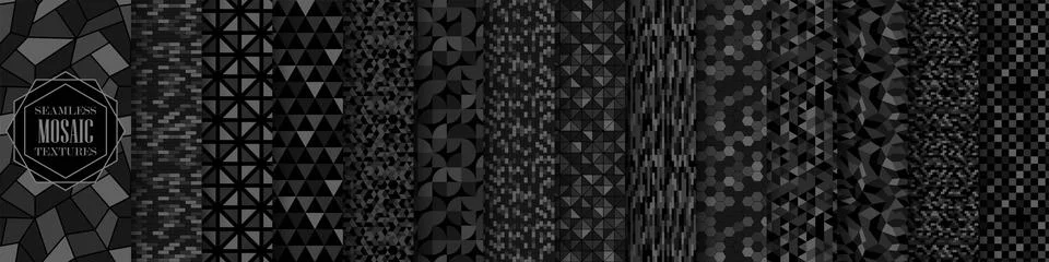 Collection of seamless dark geometric patterns. Black mosaic tile endless Illustrazione stock