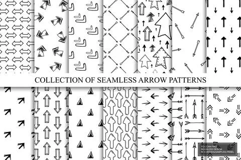 Collection of seamless drawing arrows patterns - doodle design. Simple hand 库存插图