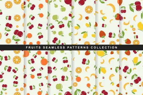 Collection of seamless fruit patterns with cherries, oranges, apples, banan.. Stock Illustration