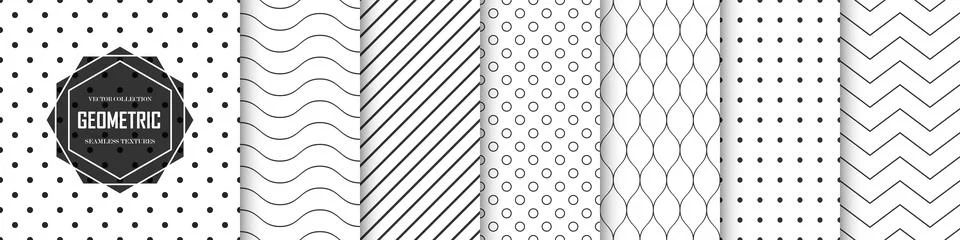 Collection of seamless geometric minimalistic patterns. Vector black and white Stock Illustration