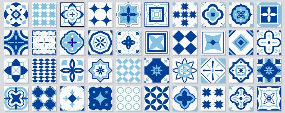 Collection of seamless geometric mosaic patterns - trendy blue tile textures Illustrazione stock