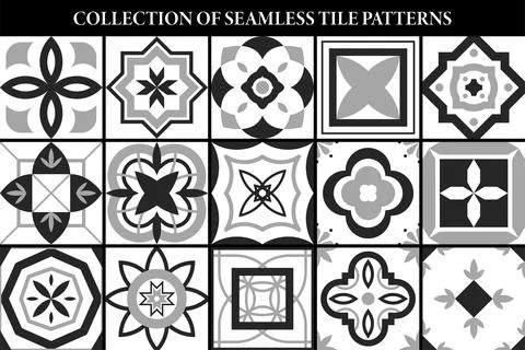 Collection of seamless geometric mosaic patterns - black and white tile textures Illustrazione stock