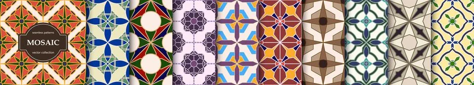 Collection of seamless geometric mosaic patterns - beautiful creative tile Stock Illustration