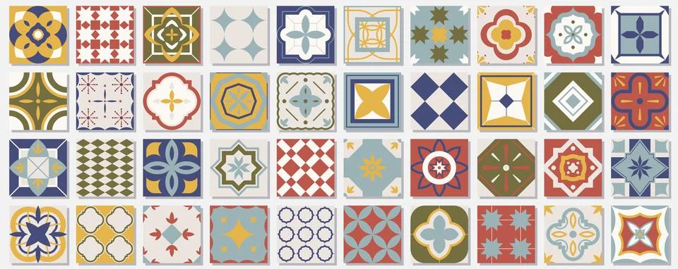 Collection of seamless geometric mosaic patterns - color tile textures. Dec.. Stock Illustration