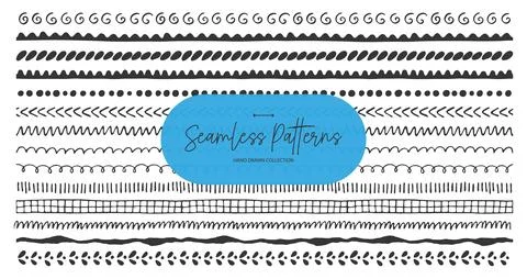 Collection of seamless hand-drawn pattern brushes and borders. Decorative lines 스톡 일러스트