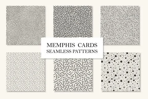 Collection of seamless memphis patterns, cards. Curved, dotted mosaic textures Illustrazione stock