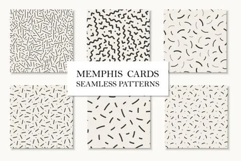 Collection of seamless memphis patterns, cards. Mosaic curve, dash textures Illustrazione stock
