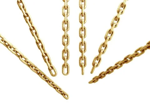 Collection of seamless metal chains colored gold 3d render on white Stock Illustration