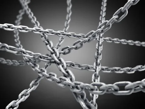 Collection of seamless metal chains colored silver 3d render on darck Stock Illustration