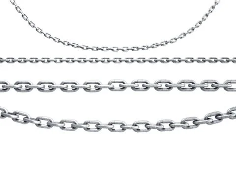 Collection of seamless metal chains colored silver 3d render on white Stock Illustration