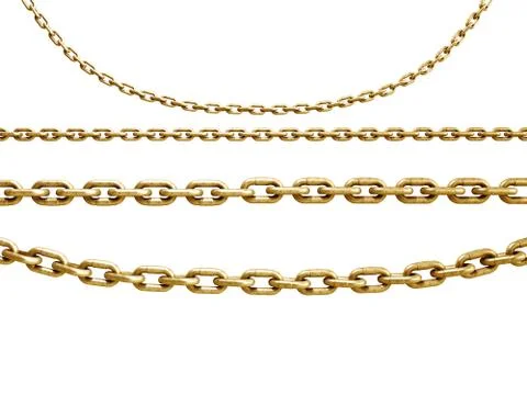 Collection of seamless metal chains colored gold 3d render on white Stock Illustration