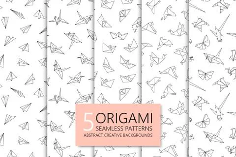Collection of seamless origami patterns. Abstract creative backgrounds Illustrazione stock