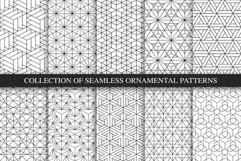 Collection of seamless ornamental vector patterns. Geometric trendy backgrounds Illustrazione stock