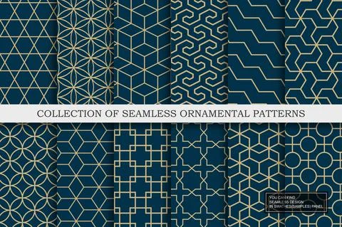 Collection of seamless ornamental vector patterns - geometric blue trendy design Stockillustratie