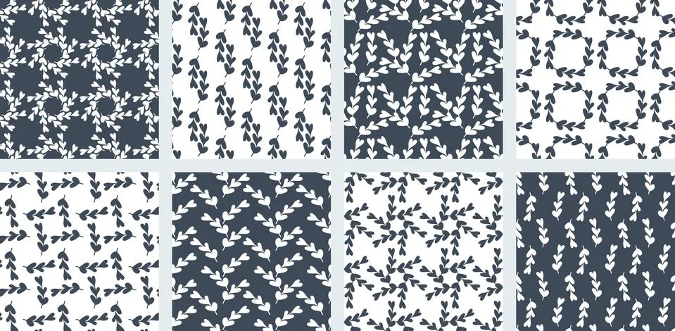 Collection seamless pattern of blue and white abstract twigs with leaves in the Stock Illustration