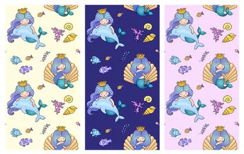 Collection of seamless pattern with cute little mermaids, dolphins, fish.  Illustrazione stock