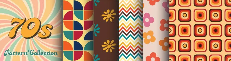 Collection of Seamless Patterns in 70's style Stock Illustration