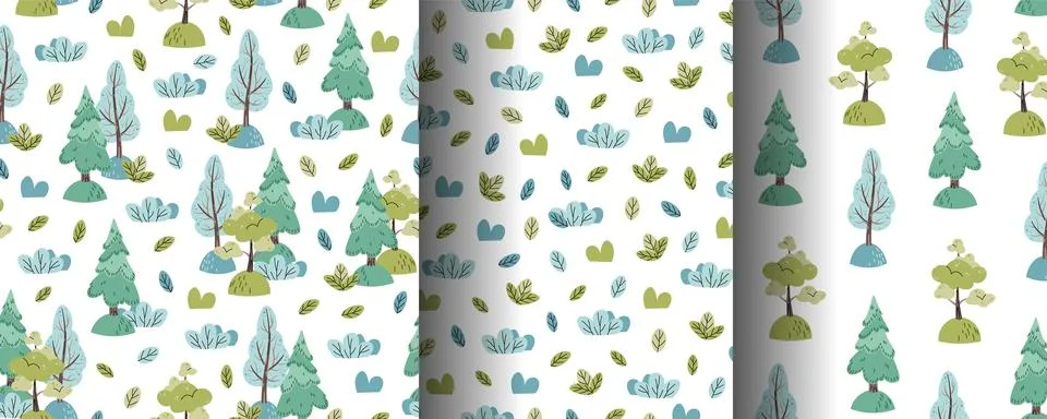 Collection of seamless patterns with cute forest trees and bushes in flat sty Stock Illustration