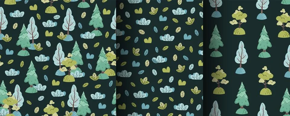 Collection of seamless patterns with cute forest trees and bushes in flat sty Stock Illustration