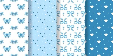 Collection of seamless patterns with delicate blue color with bows イラスト素材
