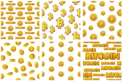 Collection seamless Patterns Gold Bitcoin coins on white background. Digita.. Stock Illustration