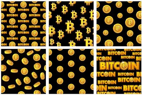 Collection seamless Patterns Gold Bitcoin coins on black background. Digita.. Stock Illustration
