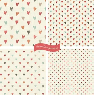 Collection of seamless patterns with hearts on retro colorful background Stock Illustration