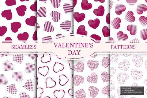 Collection of seamless patterns with hearts. Valentines day backgrounds - Illustrazione stock