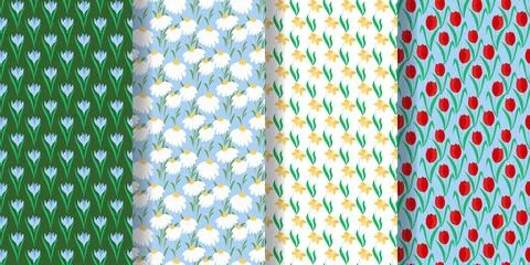 Collection of seamless patterns with spring flowers Stock Illustration