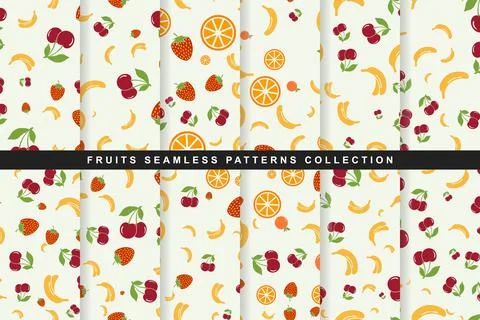 Collection of seamless patterns with various fruits isolated on white backg.. Ilustração Stock