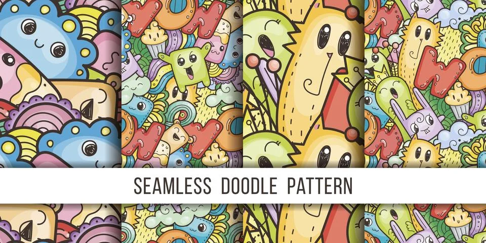 Collection of seamless vector patterns with cute cartoon monsters and beasts. Stockillustratie
