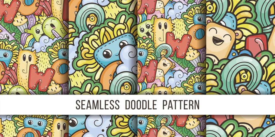 Collection of seamless vector patterns with cute cartoon monsters and beasts. イラスト素材