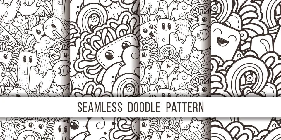 Collection of seamless vector patterns with cute cartoon monsters and beasts. Stockillustratie