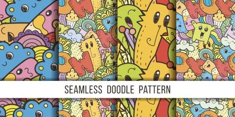 Collection of seamless vector patterns with cute cartoon monsters and beasts. Illustrazione stock