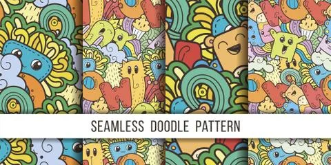 Collection of seamless vector patterns with cute cartoon monsters and beasts. Stockillustratie