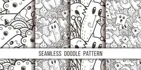 Collection of seamless vector patterns with cute cartoon monsters and beasts. Stock Illustration
