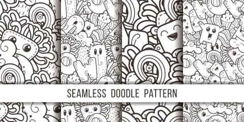 Collection of seamless vector patterns with cute cartoon monsters and beasts. Stock Illustration