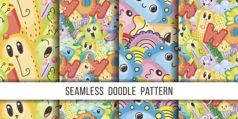 Collection of seamless vector patterns with cute cartoon monsters and beasts. Stockillustratie