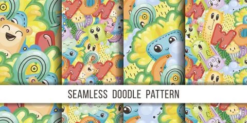 Collection of seamless vector patterns with cute cartoon monsters and beasts. Illustrazione stock