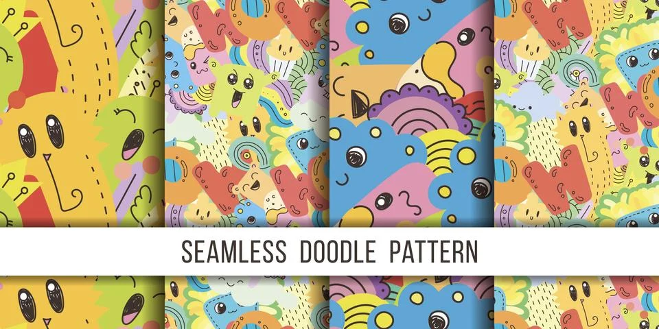 Collection of seamless vector patterns with cute cartoon monsters and beasts. 스톡 일러스트