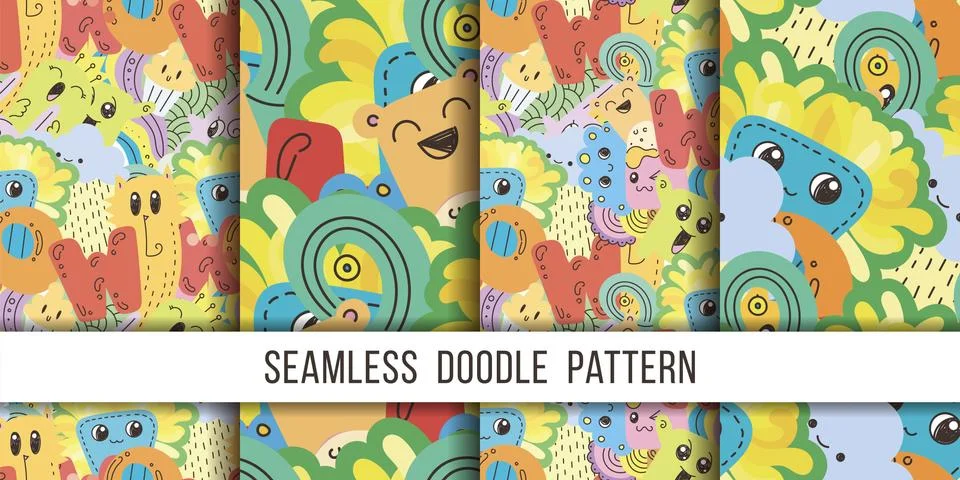 Collection of seamless vector patterns with cute cartoon monsters and beasts. イラスト素材