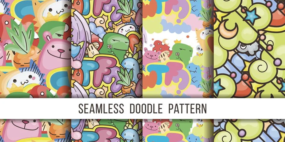 Collection of seamless vector patterns with cute cartoon monsters and beasts. Illustrazione stock