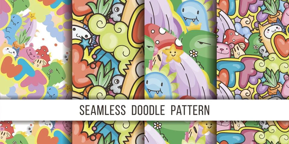 Collection of seamless vector patterns with cute cartoon monsters and beasts. Stockillustratie