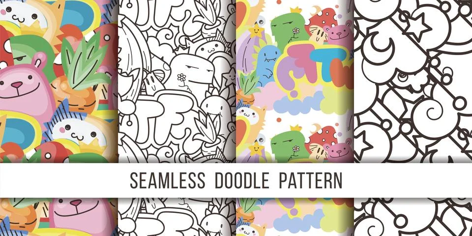 Collection of seamless vector patterns with cute cartoon monsters and beasts. イラスト素材