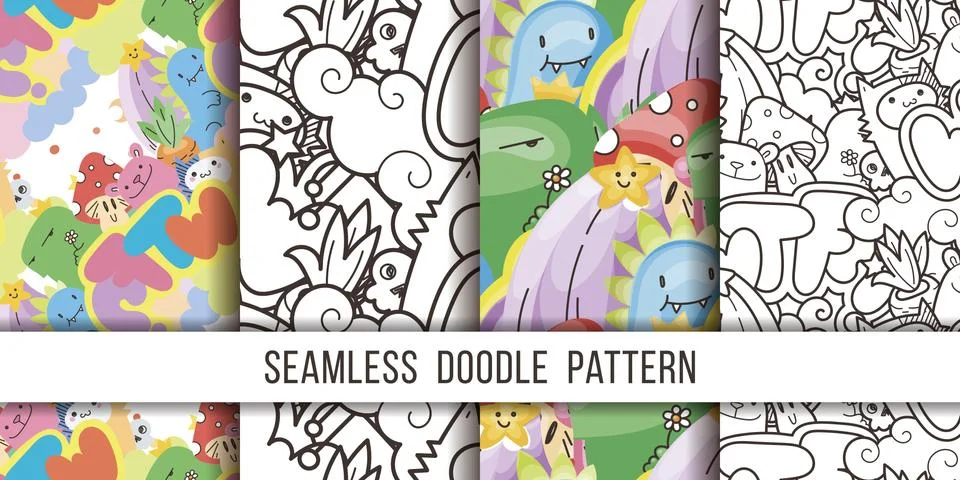 Collection of seamless vector patterns with cute cartoon monsters and beasts. Stockillustratie