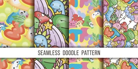 Collection of seamless vector patterns with cute cartoon monsters and beasts. Stockillustratie